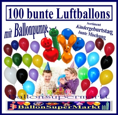 100 bunte Luftballons mit Ballonpumpe zum Kindergeburtstag